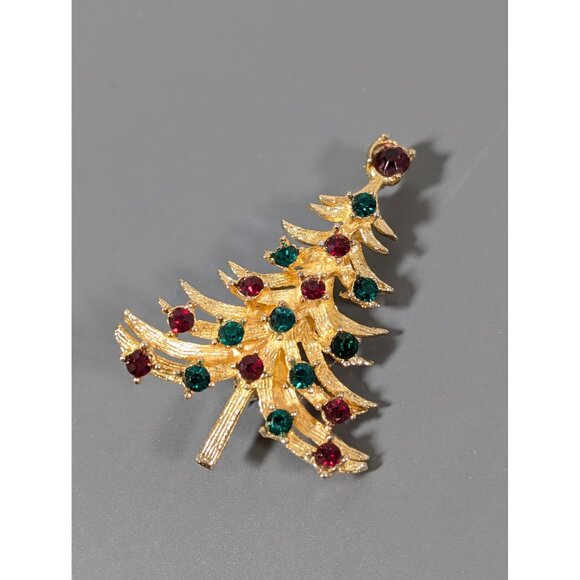 Vintage MYLU Christmas Tree Brooch Red Green Rhinestone Signed Gold Tone - Picture 2 of 6